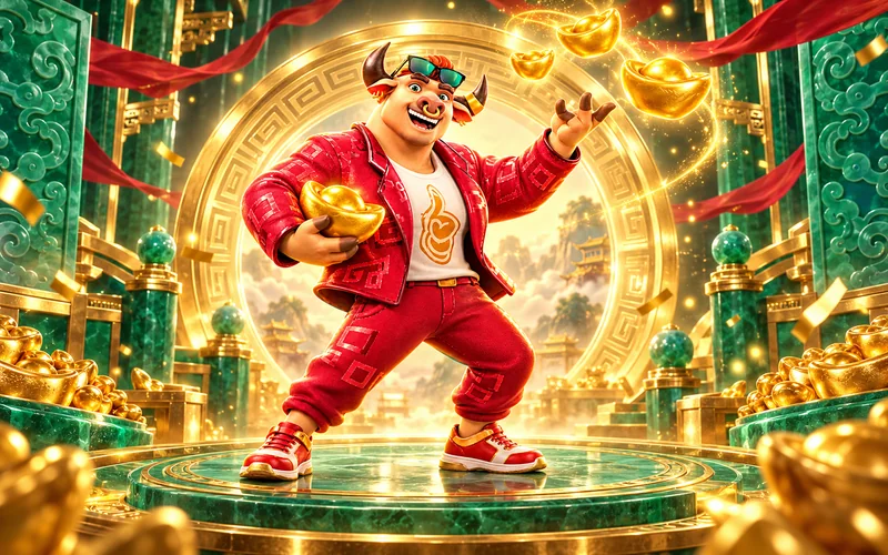Touro de Fortune Ox em um palco de jade, cercado por lingotes e um arco dourado