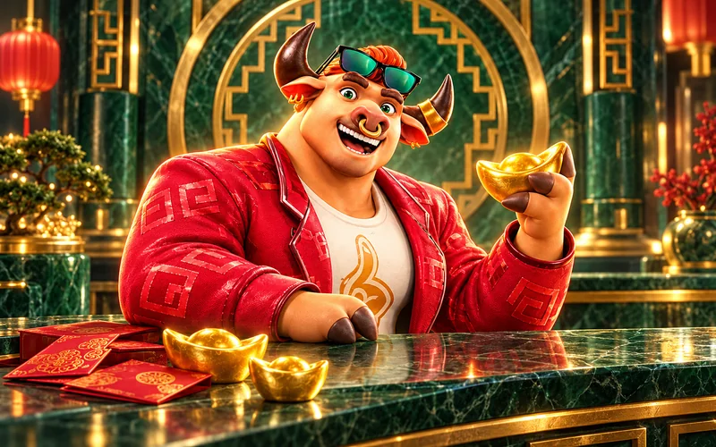 Touro de Fortune Ox com um lingote dourado, apoiado em um balcão de jade