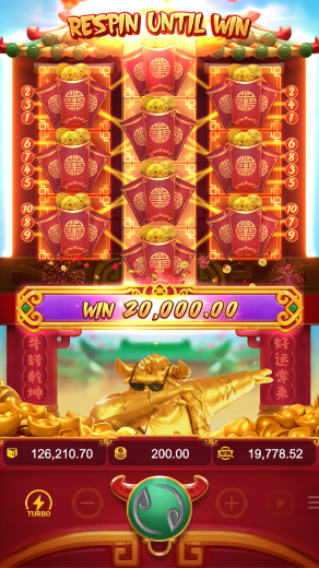 Quadro oficial de Fortune Ox com a tela preenchida por envelopes vermelhos e WIN 20,000.00 em destaque