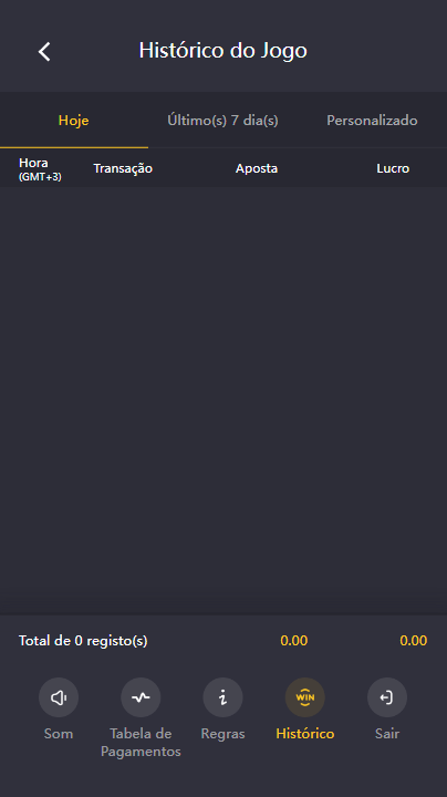 Recorte do Histórico do Jogo na demo: filtros Hoje, Últimos 7 dias e Personalizado; colunas Hora (GMT+3), Transação, Aposta e Lucro.