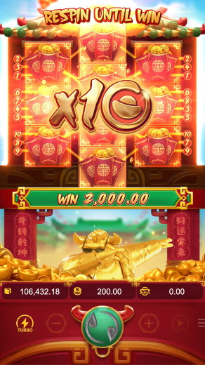 Quadro oficial de Fortune Ox com o multiplicador ×10 sobre os símbolos e WIN 2,000.00 em destaque