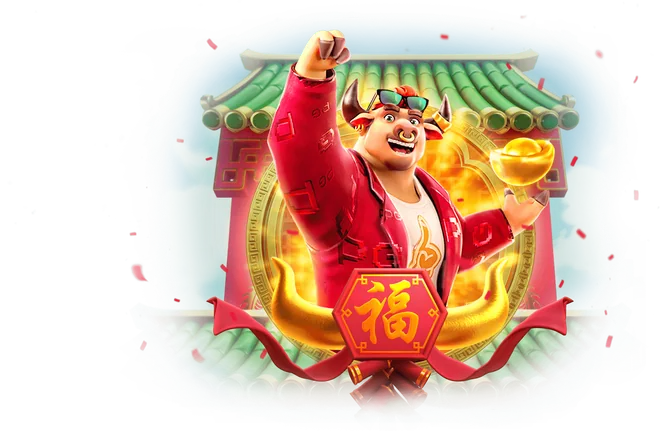 Ilustração oficial de Fortune Ox com o Touro diante do templo de telhado verde