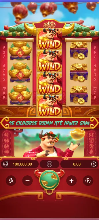 Tela inicial de Fortune Ox em português com os rolos, o Touro e os controles da demo