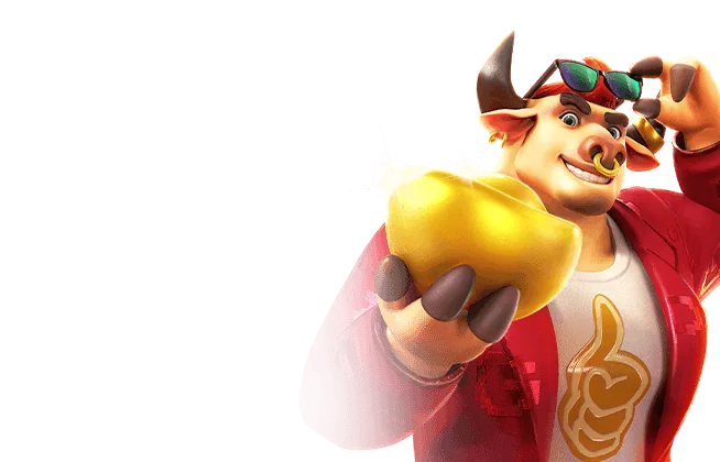 Personagem de Fortune Ox com jaqueta vermelha, óculos e lingote dourado