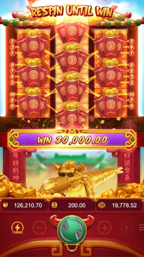 Imagem oficial com a grade de Fortune Ox preenchida por envelopes e as linhas iluminadas